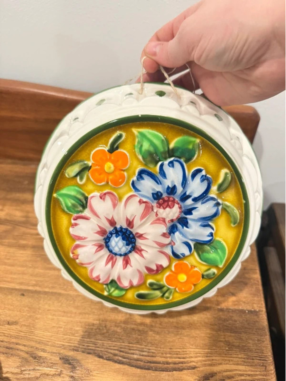 Vintage Japan Majolica Floral Wall Pocket / Hanging Ceramic Planter